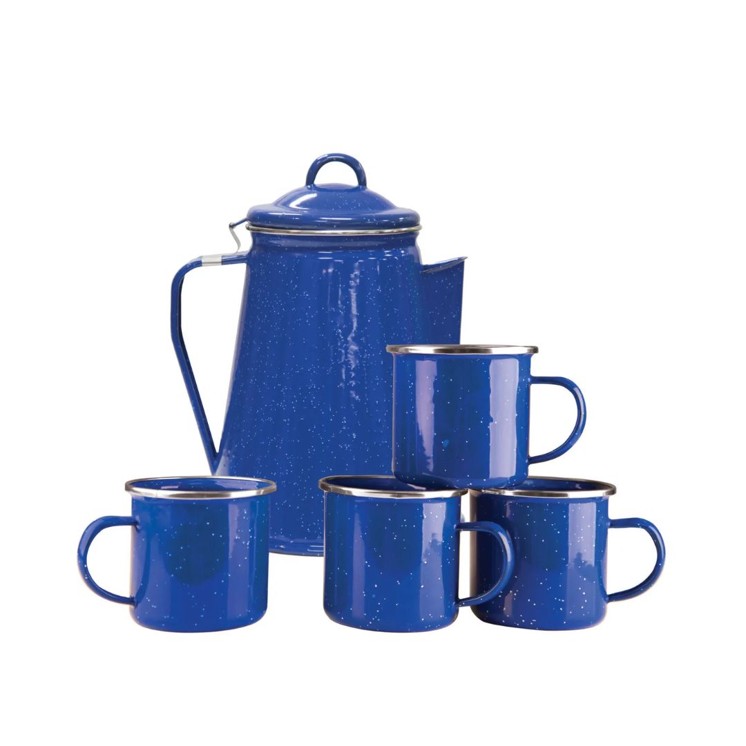 Stansport Enamel 8 Cup Coffee Pot With Percolator and 4 12 Ounce Mugs