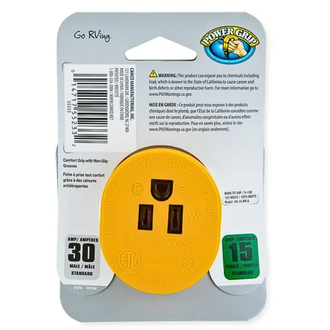 Camco RV 30AM/15AF Power Grip Adapter - 125V/1875W