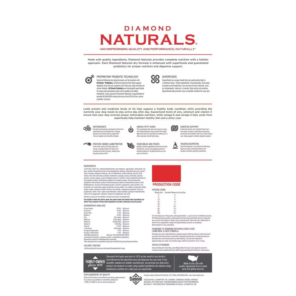Diamond Naturals Lamb & Rice Dog 40# 23/14