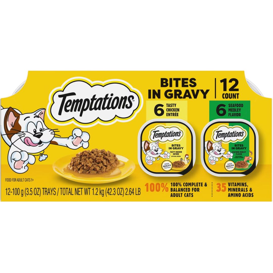 Temptations Bites in Gravy Wet Cat Food Chicken & Seafood Medley 12ct Variety Pk 3.5oz Tray