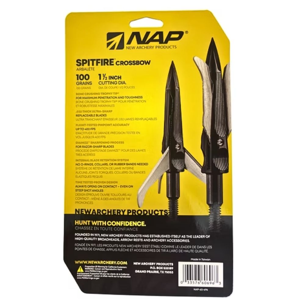 NAP Spitfire Crossbow Mechanical Broadhead 3 Blade 1 1/2" Cutting Diameter 100gr 3pk
