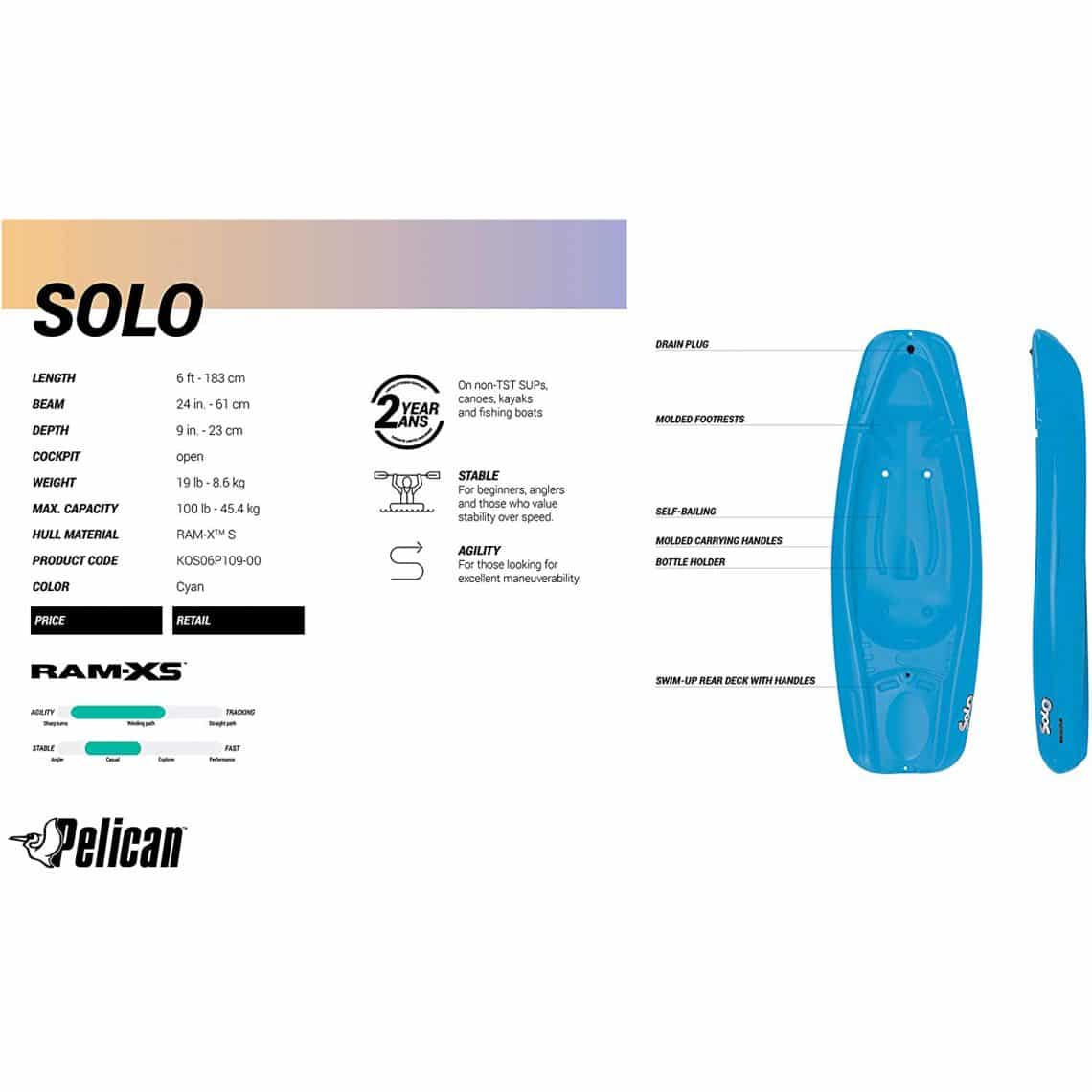 Pelican Solo 6′ it On Top Junior Kayak – Cyan Blue