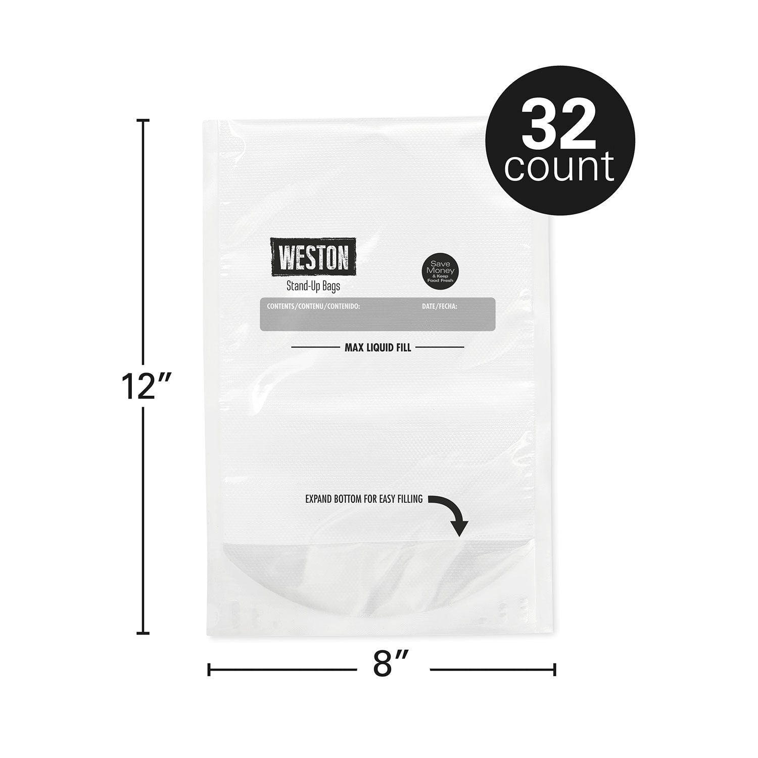 Weston 8"X12" Stand-Up Quart Vacuum Seal Bags - 32ct