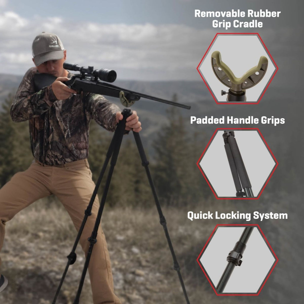 Allen Axial Shooting Stick, Tripod/Bipod/Monopod, 61" Max Height, Black