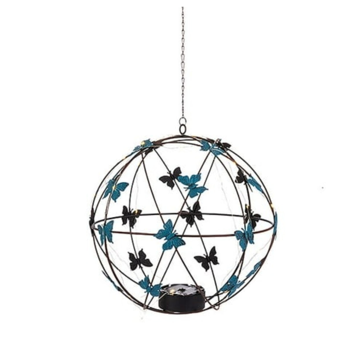 12.20"D Solar Lighted Metal Garden Orb, Butterflies, Warm White Micro Lights