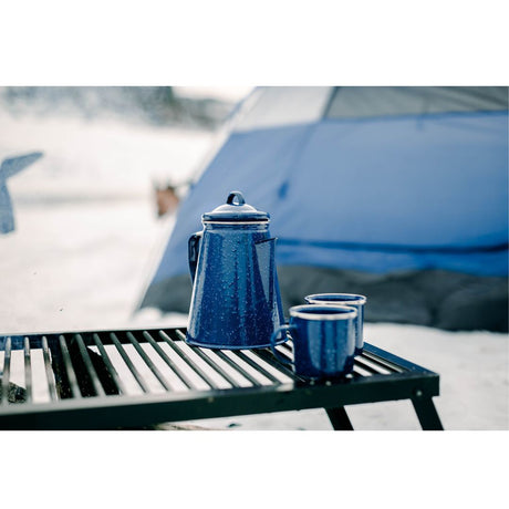 Enamel Percolator Coffee Pot & 4 Mug Set - Blue