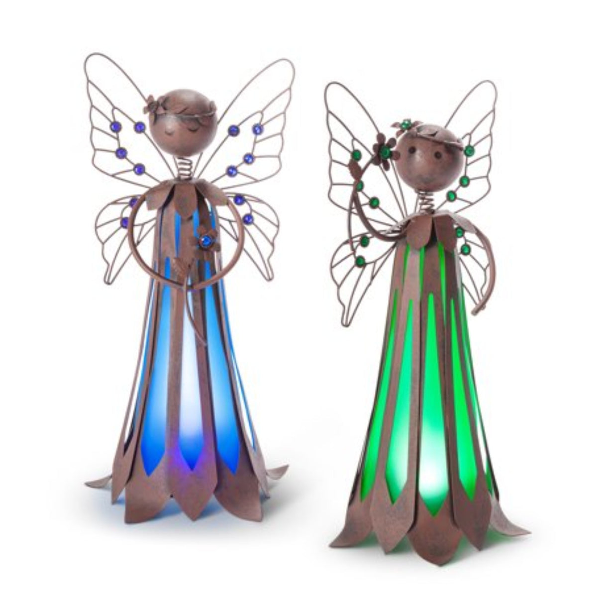 15.75"H Solar Lighted Metal Garden Fairy,  Rustic Finish, Blue/Green PVC/LED, 2 Asst