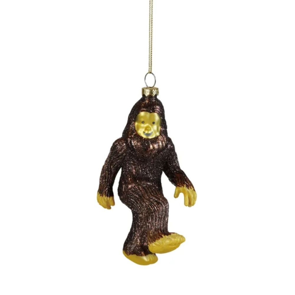 Hand-Painted Glass Bigfoot Ornament with Glitter, Brown & Yellow