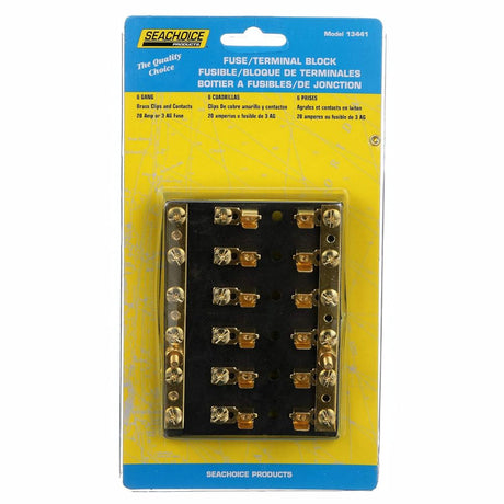Seachoice 6-Gang Fuse and Terminal Block, Brass Clips and Contacts, SFE 20 Amp of 3AG Fuse