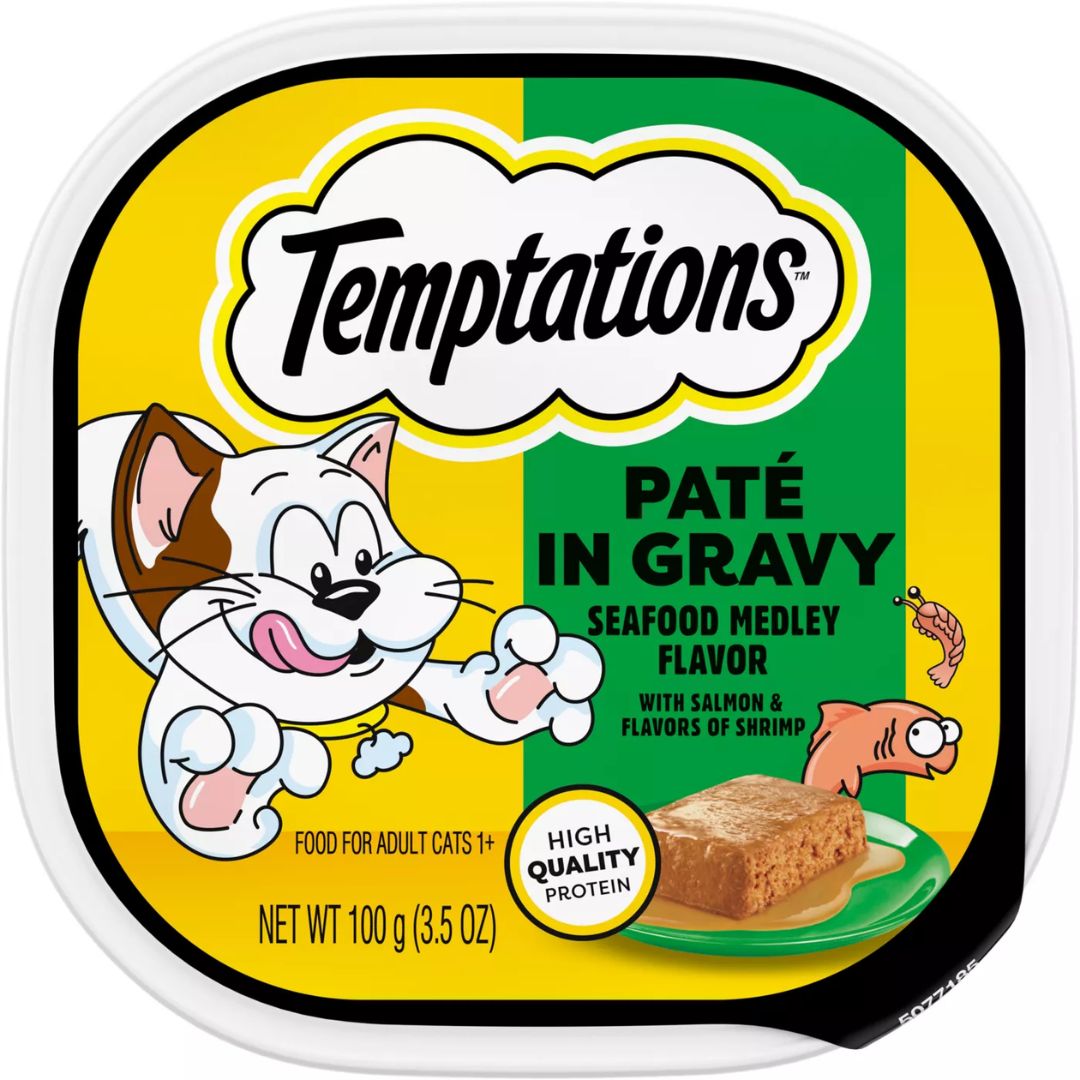 Temptations Pate in Gravy Wet Cat Food Seafood Medley 3.5oz Tray