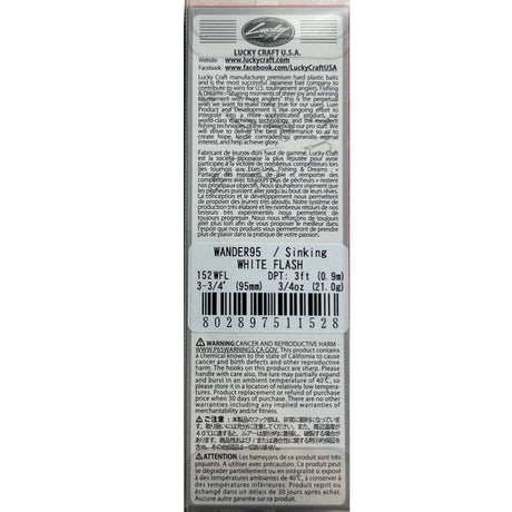 Lucky Craft U.S.A. Wander 95 Sinking 3-3/4" White Flash