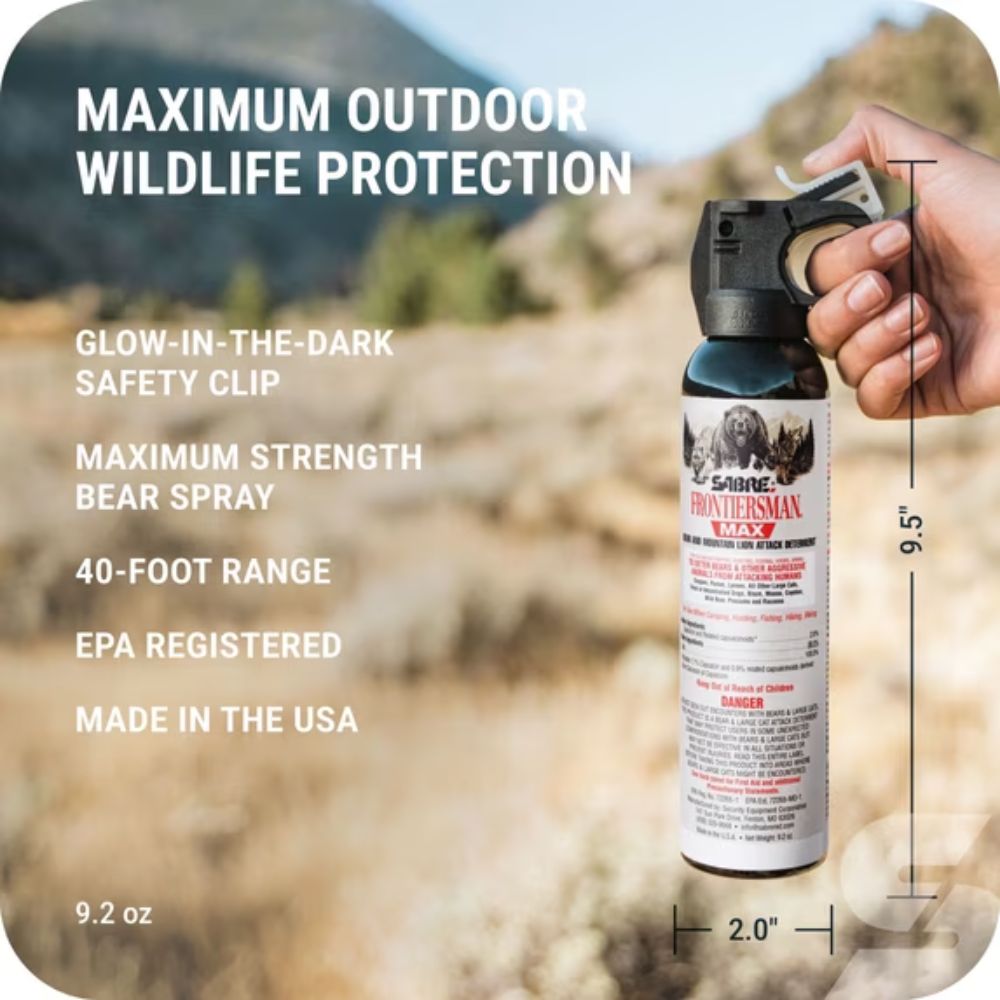 SABRE Frontiersman MAX Bear Spray and Mountain Lion Deterrent with Belt Holster 9.2oz 40ft Range