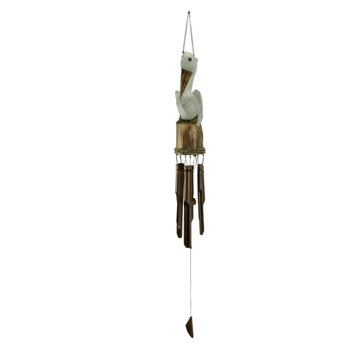 White Hand Carved Wood Coastal Perched Pelican 45" Wind Chime