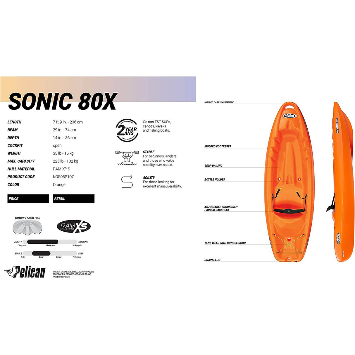 Pelican Sonic 80X Sit-On Youth Recreational Kayak 8ft