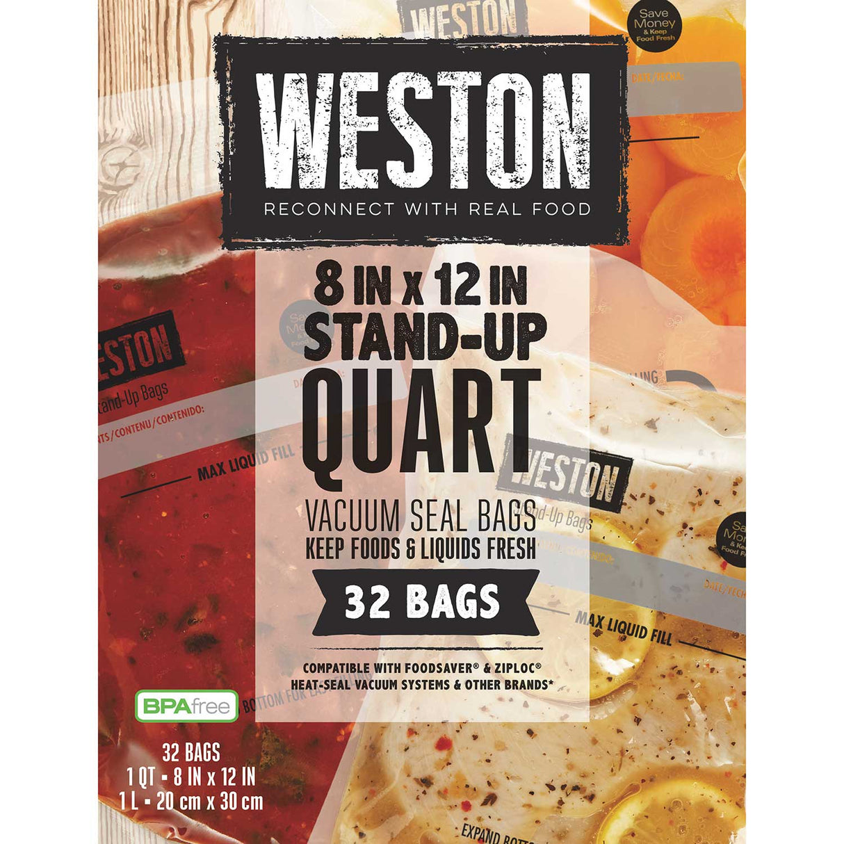 Weston 8"X12" Stand-Up Quart Vacuum Seal Bags - 32ct