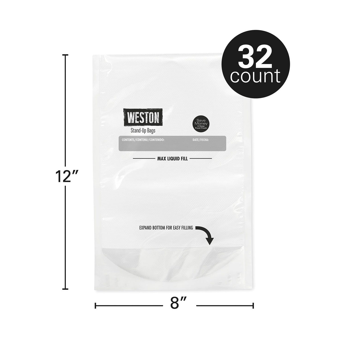 Weston 8"X12" Stand-Up Quart Vacuum Seal Bags - 32ct