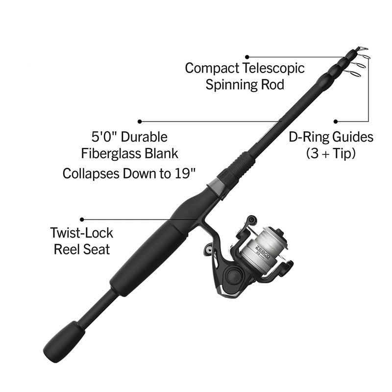 Zebco 33 Spinning Reel and Telescopic Fishing Rod Combo, 6-Foot Rod, Size  30 Reel, Silver/Black 