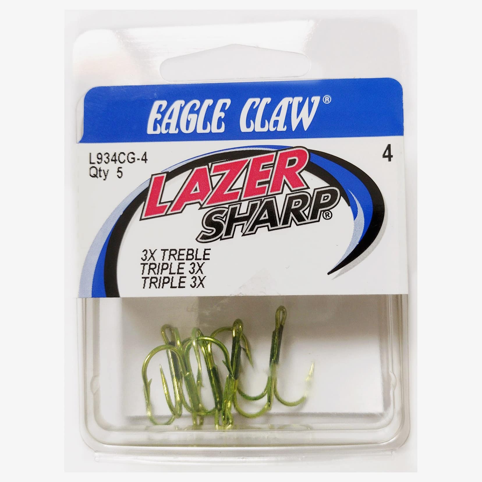 CLOSEOUT* EAGLE CLAW GREEN LAZER SHARP TREBLE HOOKS - SIZE 4
