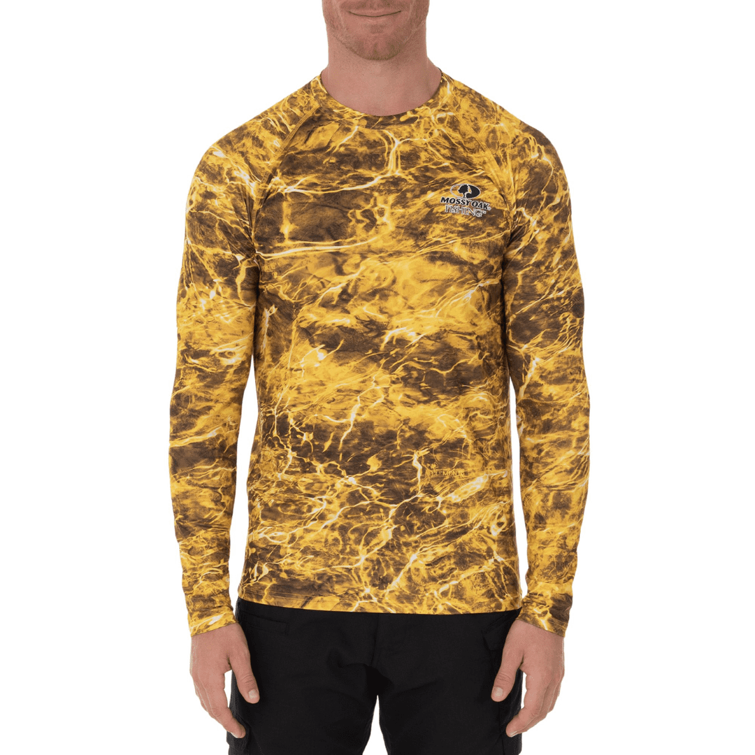 MOSSY OAK MEN'S INSECT REPELLENT LONG SLEEVE PERFORMANCE FISHING SHIRT WITH  GAITER - YELLOWFIN CAMO - Northwoods Wholesale Outlet
