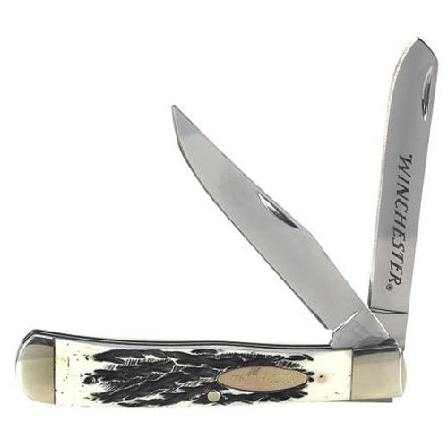 Couteau Winchester Trapper Brown Checker 2 Lames Manche Os Collector WN29104C 